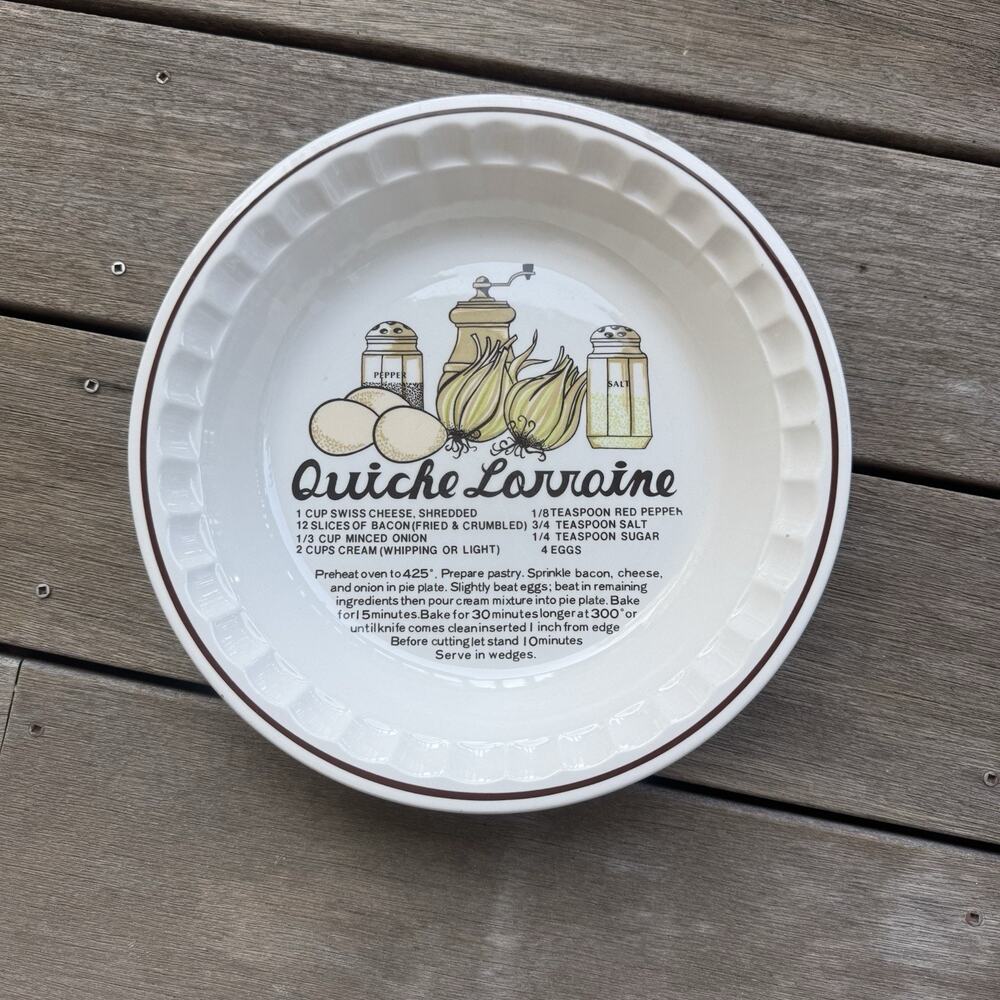 Royal China Jeannette QUICHE LORRAINE Recipe Vintage Ceramic Pie Plate Dish 11”